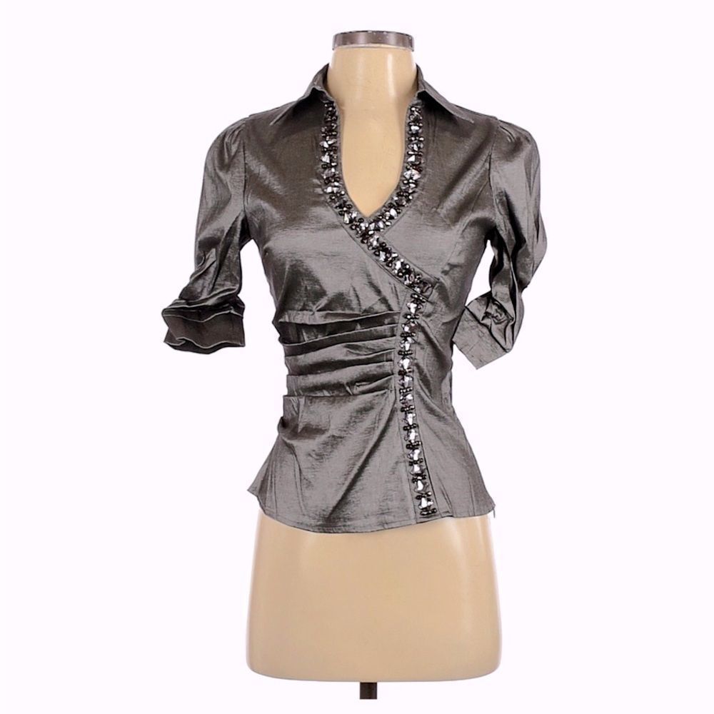 Size medium Gray / Silver sexy Katia short sleeved collared embellished blouse